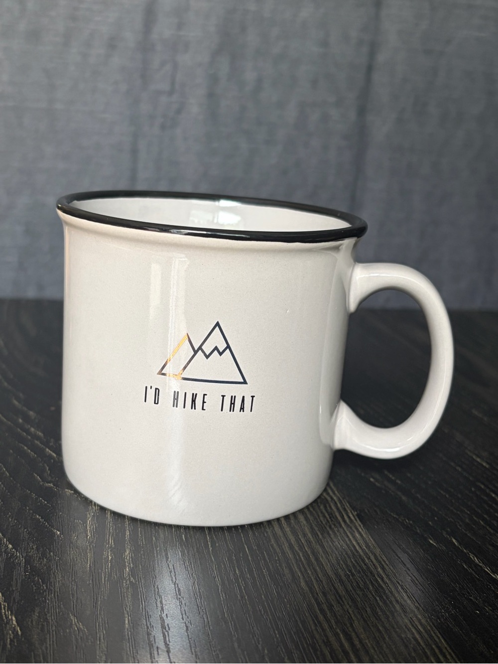 I'd Hike That Ceramic Camper-Style Mug - Light grey with Black Trim